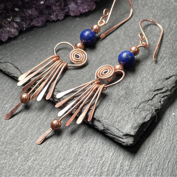 Genuine Blue Lapiz Lazuli Beaded Fringe Copper Earrings Artisan Designed - Picture 13 of 15